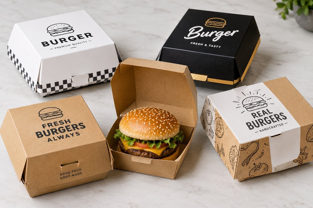 Custom printed kraft, white and black burger boxes manufactured by Elite Pack Labs