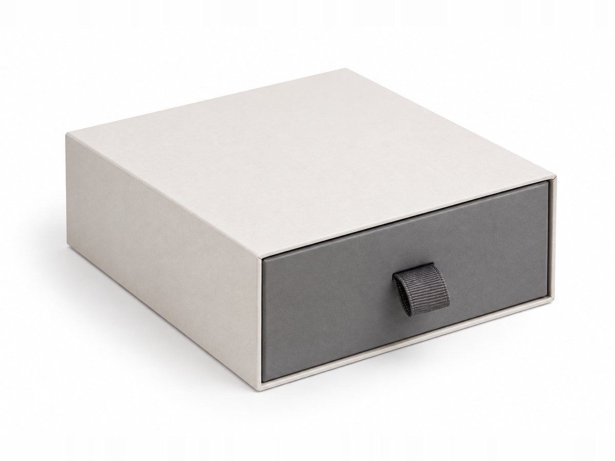 Custom drawer slide box with ribbon pull tab manufactured by Elite Pack Labs