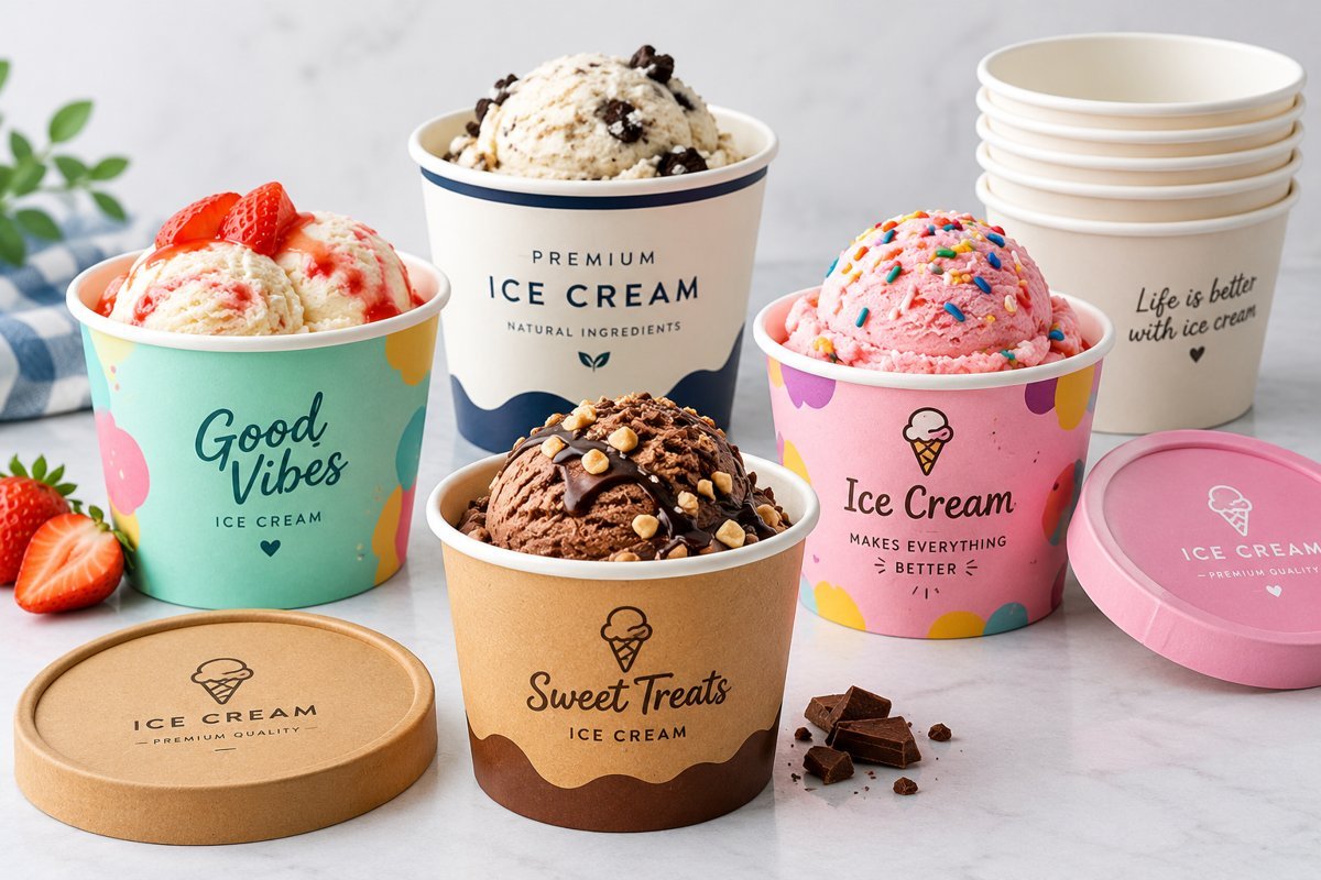 Custom printed ice cream paper cups with lids manufactured by Elite Pack Labs