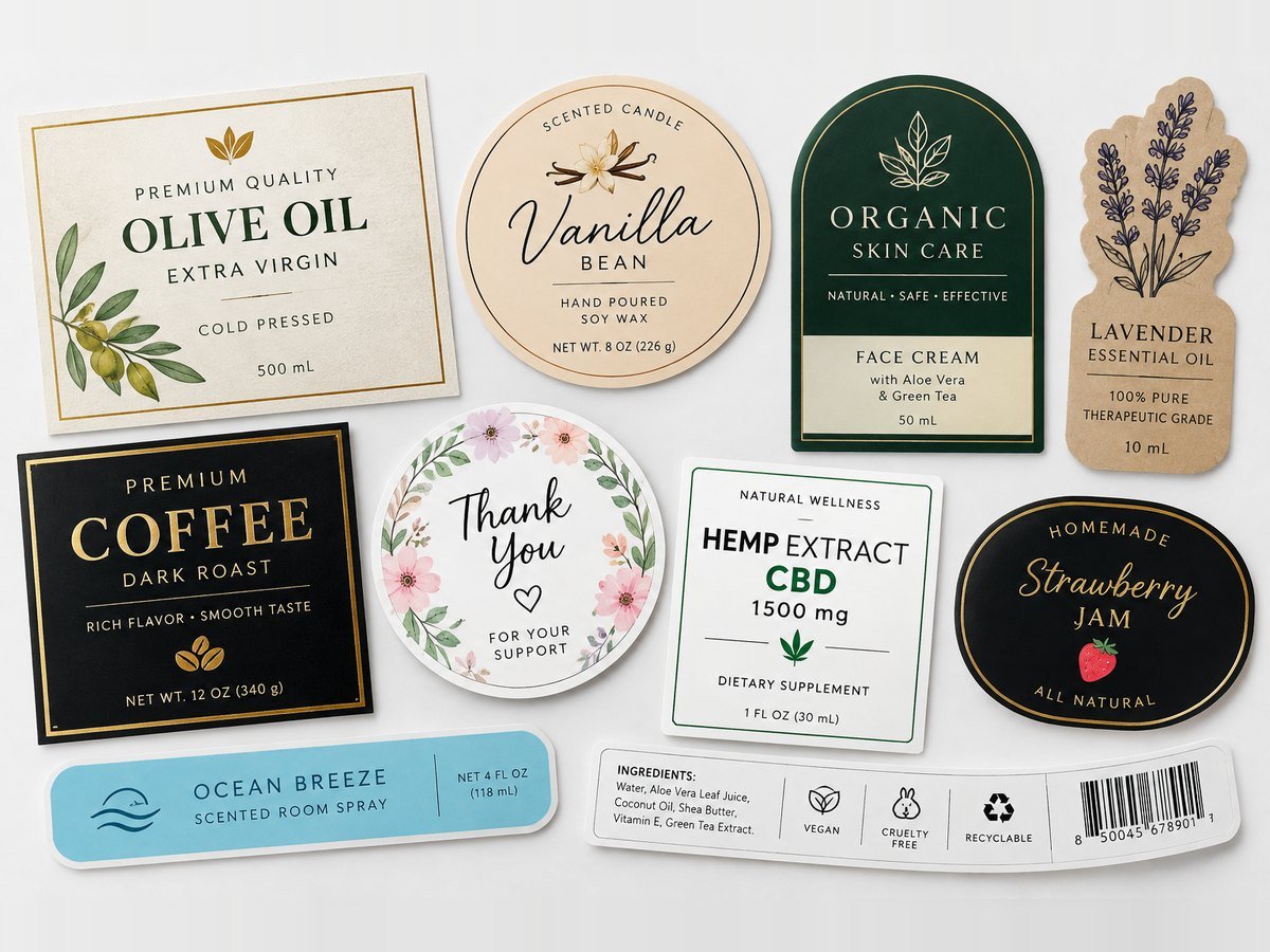 Custom die-cut product labels and stickers in assorted shapes manufactured by Elite Pack Labs