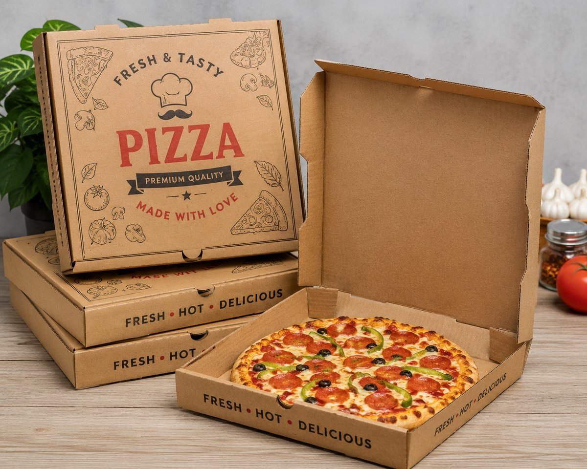 Custom printed kraft corrugated pizza boxes manufactured by Elite Pack Labs