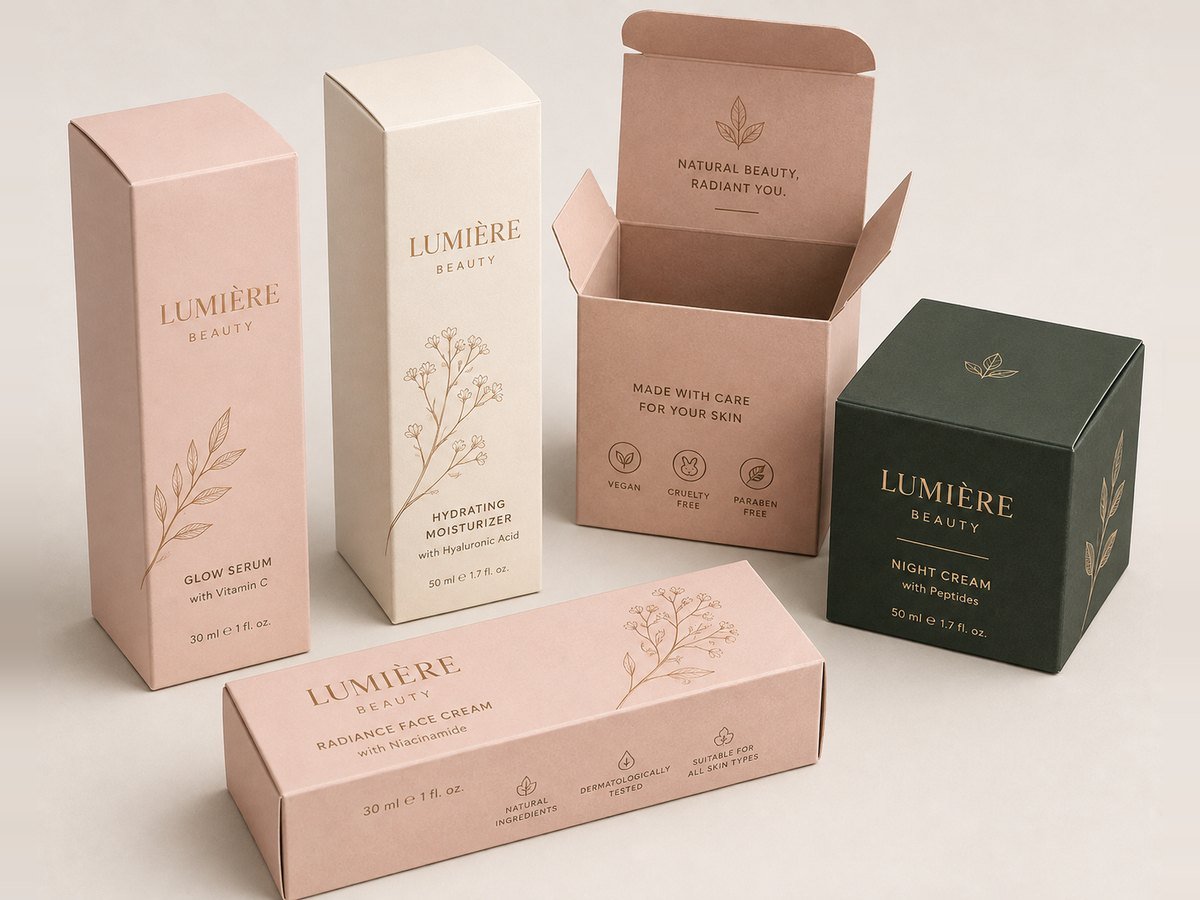 Custom tuck end cosmetic boxes with gold foil branding manufactured by Elite Pack Labs